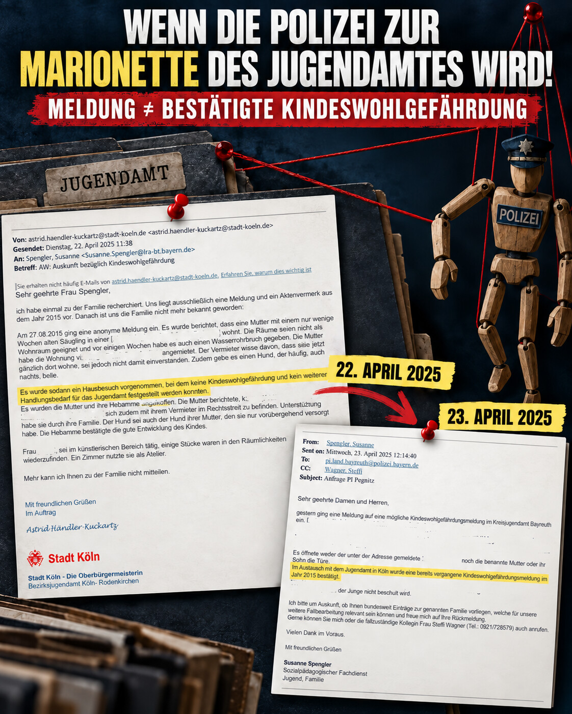 Grafische Gegenüberstellung eines Schreibens mit dem Ergebnis keine Kindeswohlgefährdung und einer späteren Weitergabe einer Kindeswohlgefährdungsmeldung an die Polizei