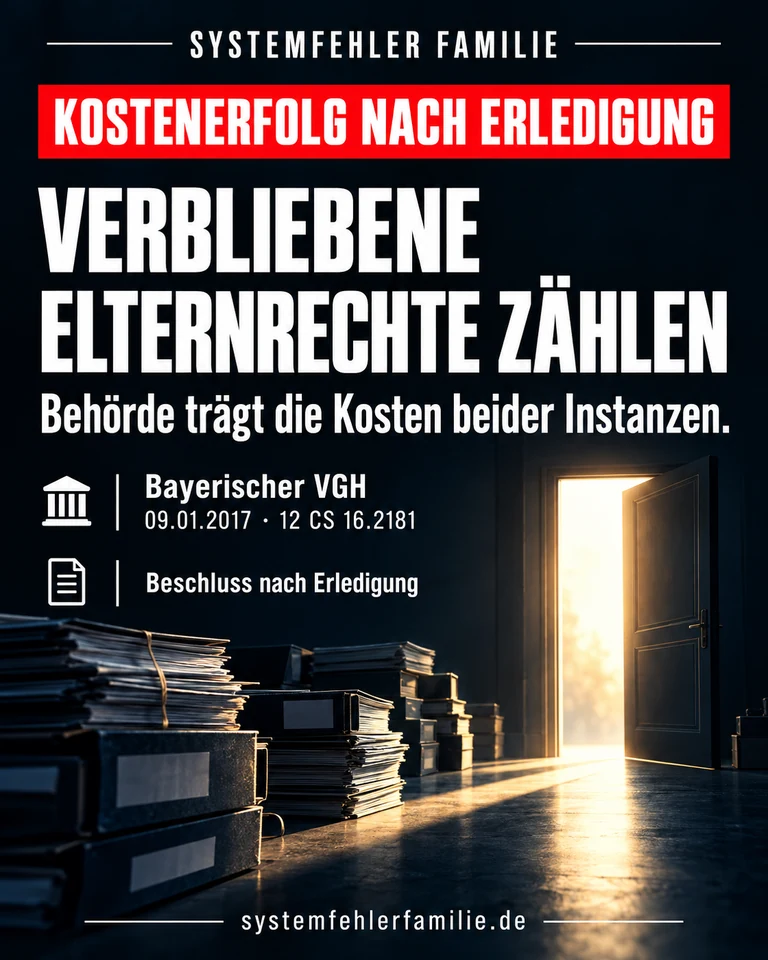 Beitragsbild: Kostenerfolg nach erledigung. VERBLIEBENE ELTERNRECHTE ZÄHLEN. Behörde trägt die Kosten beider Instanzen. Bayerischer VGH, 09.01.2017, 12 CS 16.2181.