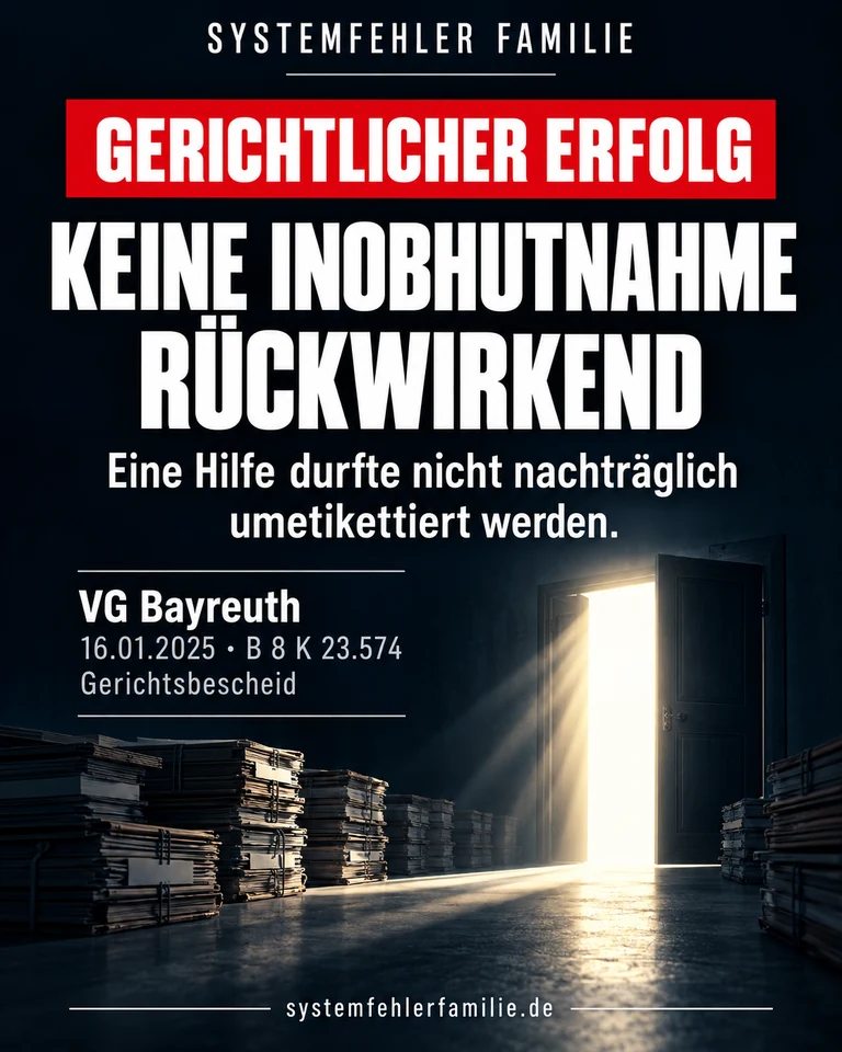 Beitragsbild: Gerichtlicher erfolg. KEINE INOBHUTNAHME RÜCKWIRKEND. Eine Hilfe durfte nicht nachträglich umetikettiert werden. VG Bayreuth, 16.01.2025, B 8 K 23.574.
