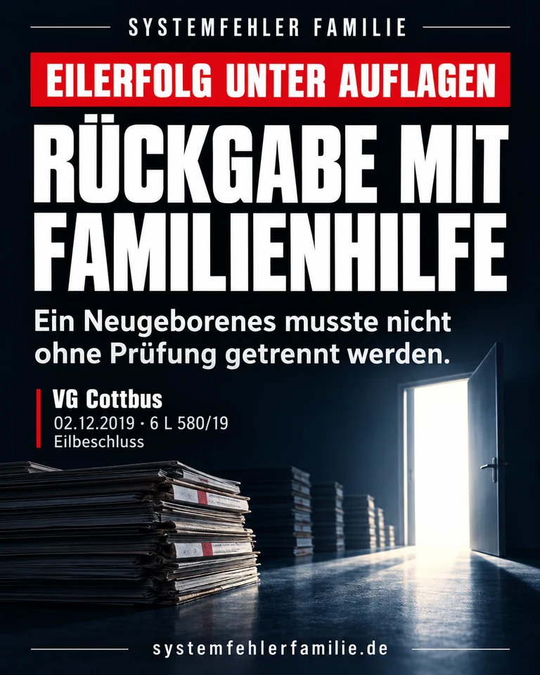 Beitragsbild: Eilerfolg unter auflagen. RÜCKGABE MIT FAMILIENHILFE. Ein Neugeborenes musste nicht ohne Prüfung getrennt werden. VG Cottbus, 02.12.2019, 6 L 580/19.
