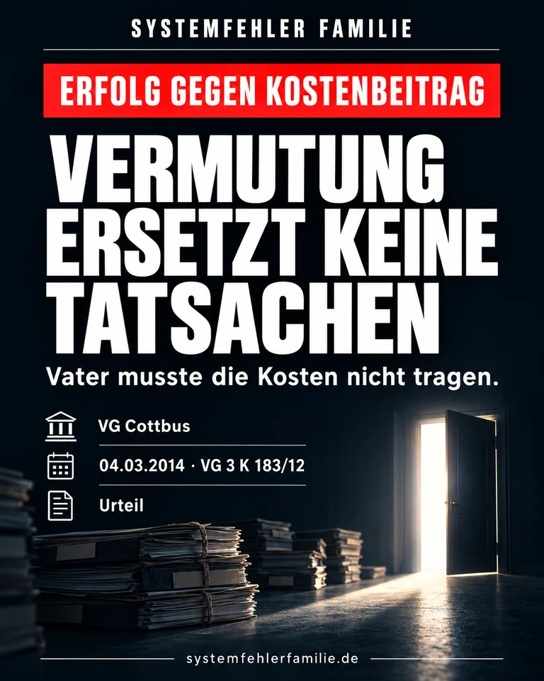 Beitragsbild: Erfolg gegen kostenbeitrag. VERMUTUNG ERSETZT KEINE TATSACHEN. Vater musste die Kosten nicht tragen. VG Cottbus, 04.03.2014, VG 3 K 183/12.
