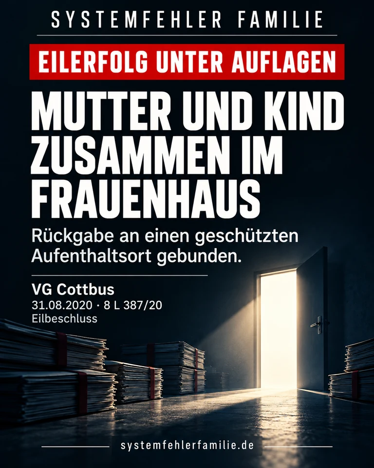 Beitragsbild: Eilerfolg unter auflagen. MUTTER UND KIND ZUSAMMEN IM FRAUENHAUS. Rückgabe an einen geschützten Aufenthaltsort gebunden. VG Cottbus, 31.08.2020, 8 L 387/20.