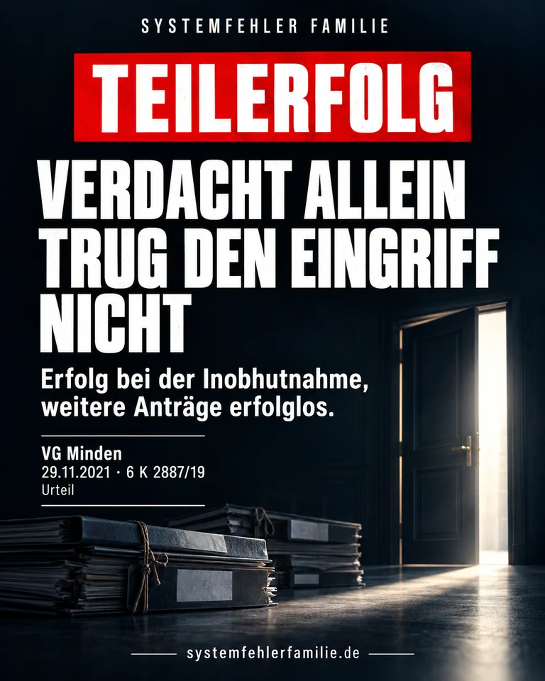 Beitragsbild: Teilerfolg. VERDACHT ALLEIN TRUG DEN EINGRIFF NICHT. Erfolg bei der Inobhutnahme, weitere Anträge erfolglos. VG Minden, 29.11.2021, 6 K 2887/19.