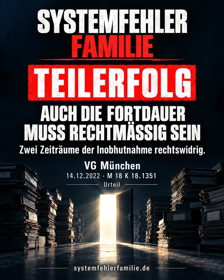 Beitragsbild: Teilerfolg. AUCH DIE FORTDAUER MUSS RECHTMÄSSIG SEIN. Zwei Zeiträume der Inobhutnahme rechtswidrig. VG München, 14.12.2022, M 18 K 18.1351.