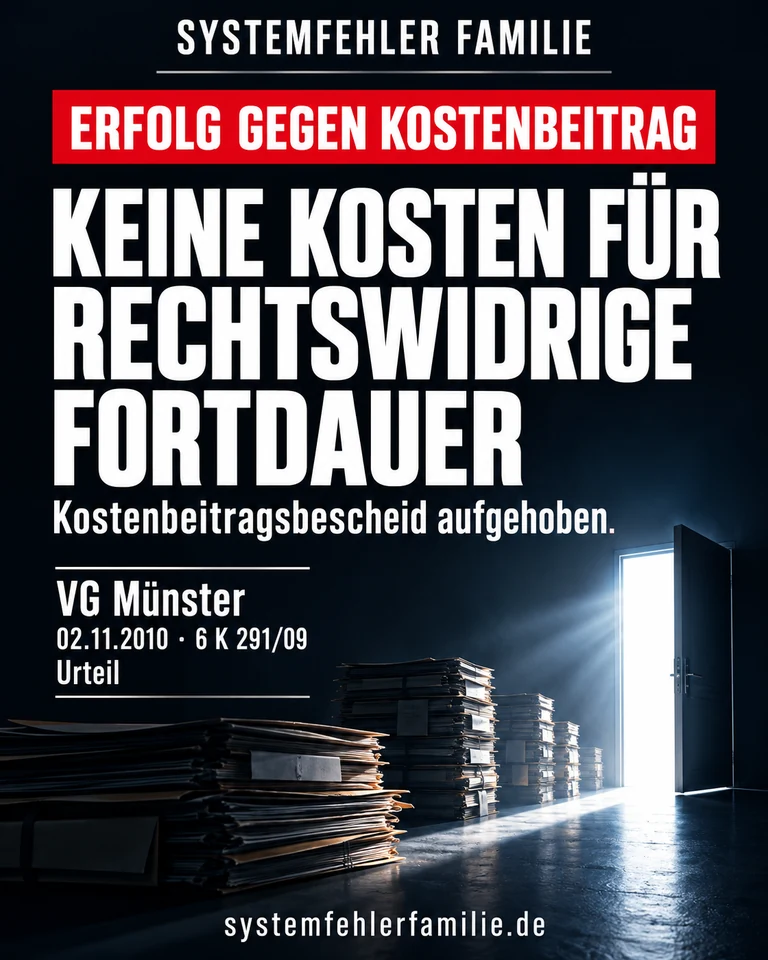 Beitragsbild: Erfolg gegen kostenbeitrag. KEINE KOSTEN FÜR RECHTSWIDRIGE FORTDAUER. Kostenbeitragsbescheid aufgehoben. VG Münster, 02.11.2010, 6 K 291/09.