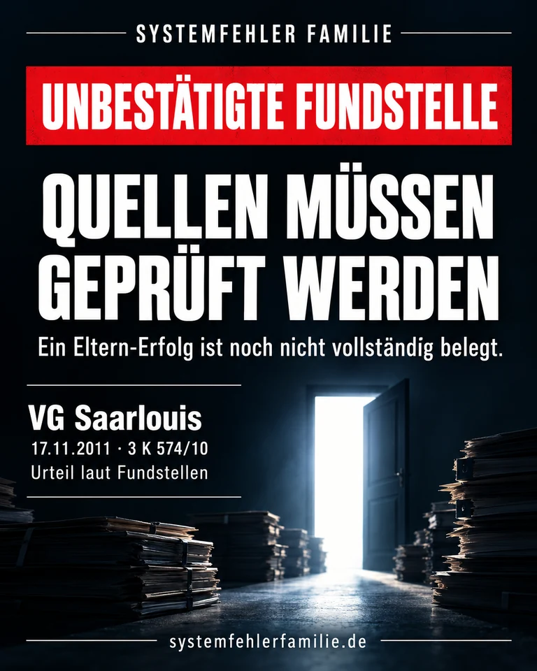 Beitragsbild: Unbestätigte fundstelle. QUELLEN MÜSSEN GEPRÜFT WERDEN. Ein Eltern-Erfolg ist noch nicht vollständig belegt. VG Saarlouis, 17.11.2011, 3 K 574/10.