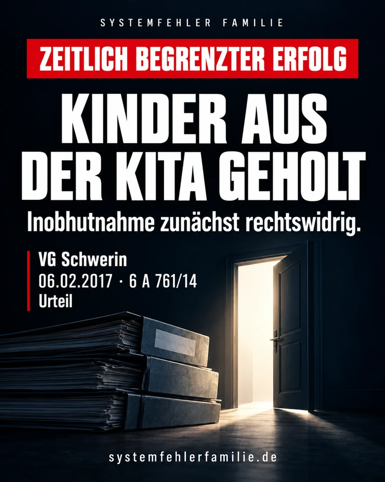 Beitragsbild: Zeitlich begrenzter erfolg. KINDER AUS DER KITA GEHOLT. Inobhutnahme zunächst rechtswidrig. VG Schwerin, 06.02.2017, 6 A 761/14.