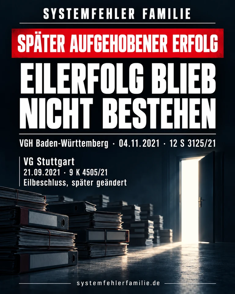 Beitragsbild: Später aufgehobener erfolg. EILERFOLG BLIEB NICHT BESTEHEN. VGH Baden-Württemberg · 04.11.2021 · 12 S 3125/21 VG Stuttgart, 21.09.2021, 9 K 4505/21.