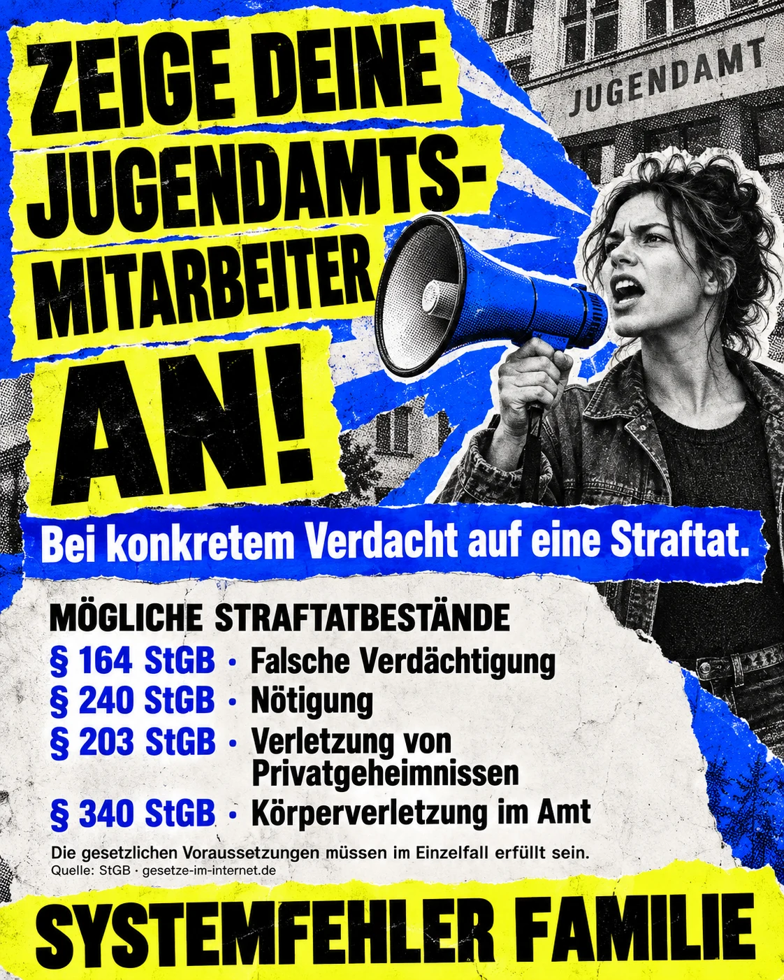 Protestmotiv: Eine Frau mit Megafon neben dem Aufruf, Jugendamtsmitarbeiter bei konkretem Verdacht auf eine Straftat anzuzeigen.