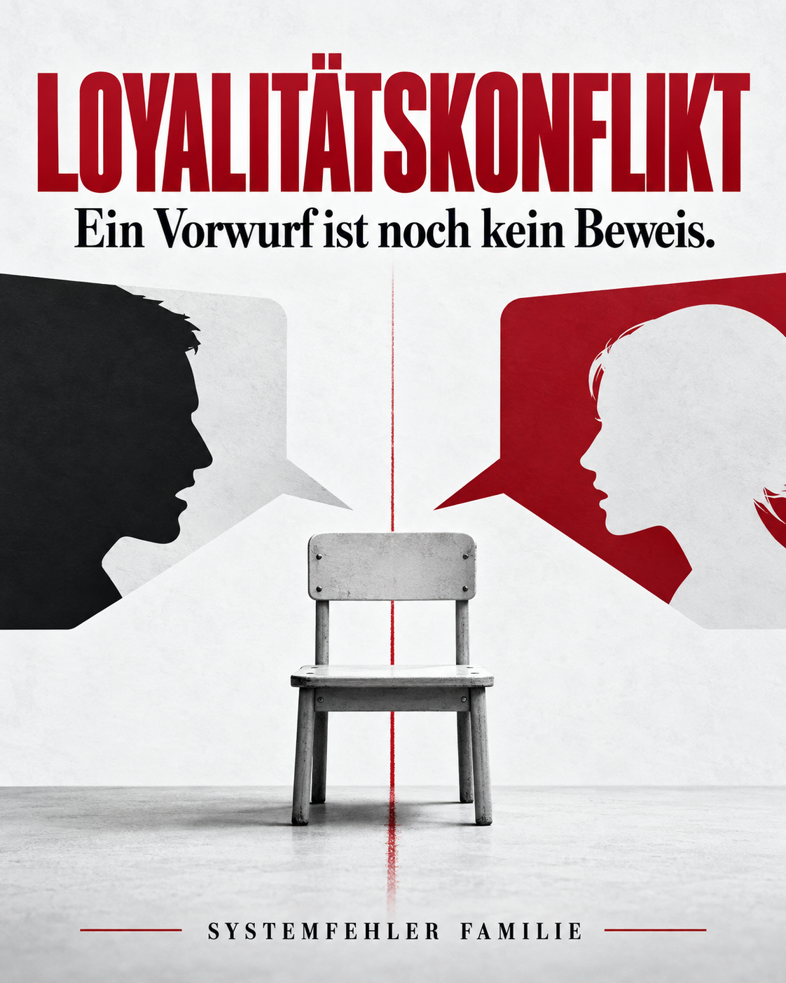 Loyalitätskonflikt – Ein Vorwurf ist noch kein Beweis. Ein leerer Kinderstuhl steht zwischen zwei einander gegenüberstehenden Gesprächssituationen.